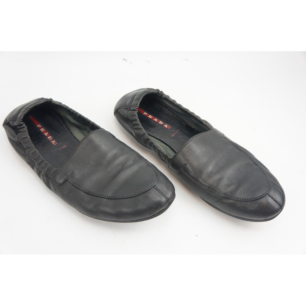 Prada Shuffle Loafers Size 10 Black Leather Elastic Slip On Round Toe Good